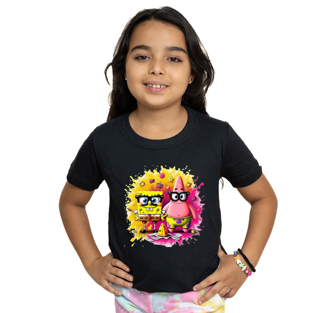 Camiseta Infantil Bob Esponja e Patrick Menina Camisa Manga Curta