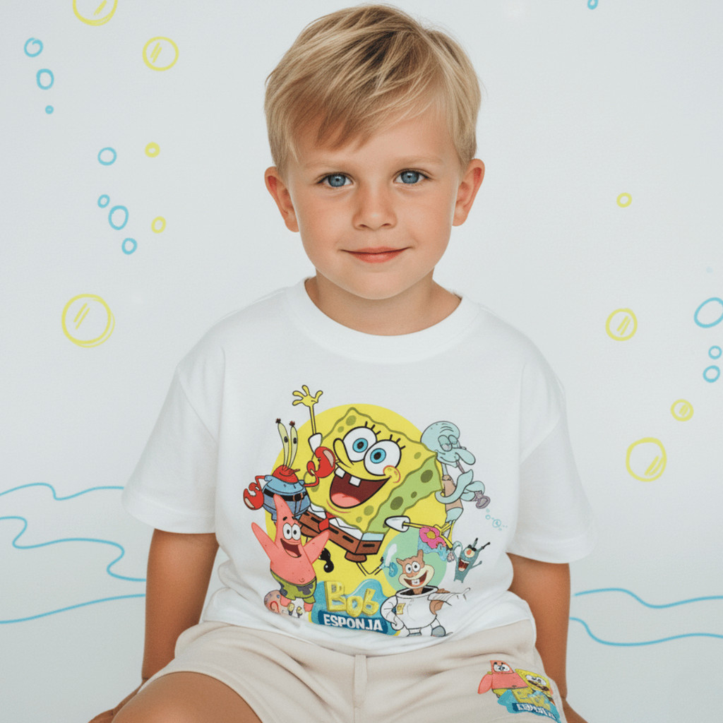 Conjunto Infantil Bob Esponja E Patrick Camiseta + Bermuda Moletom Estampa Premium Algodão 100%