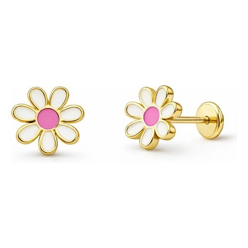 Brinco Infantil Margarida Folheado A Ouro Hipoalergênico Bra Branco E Rosa