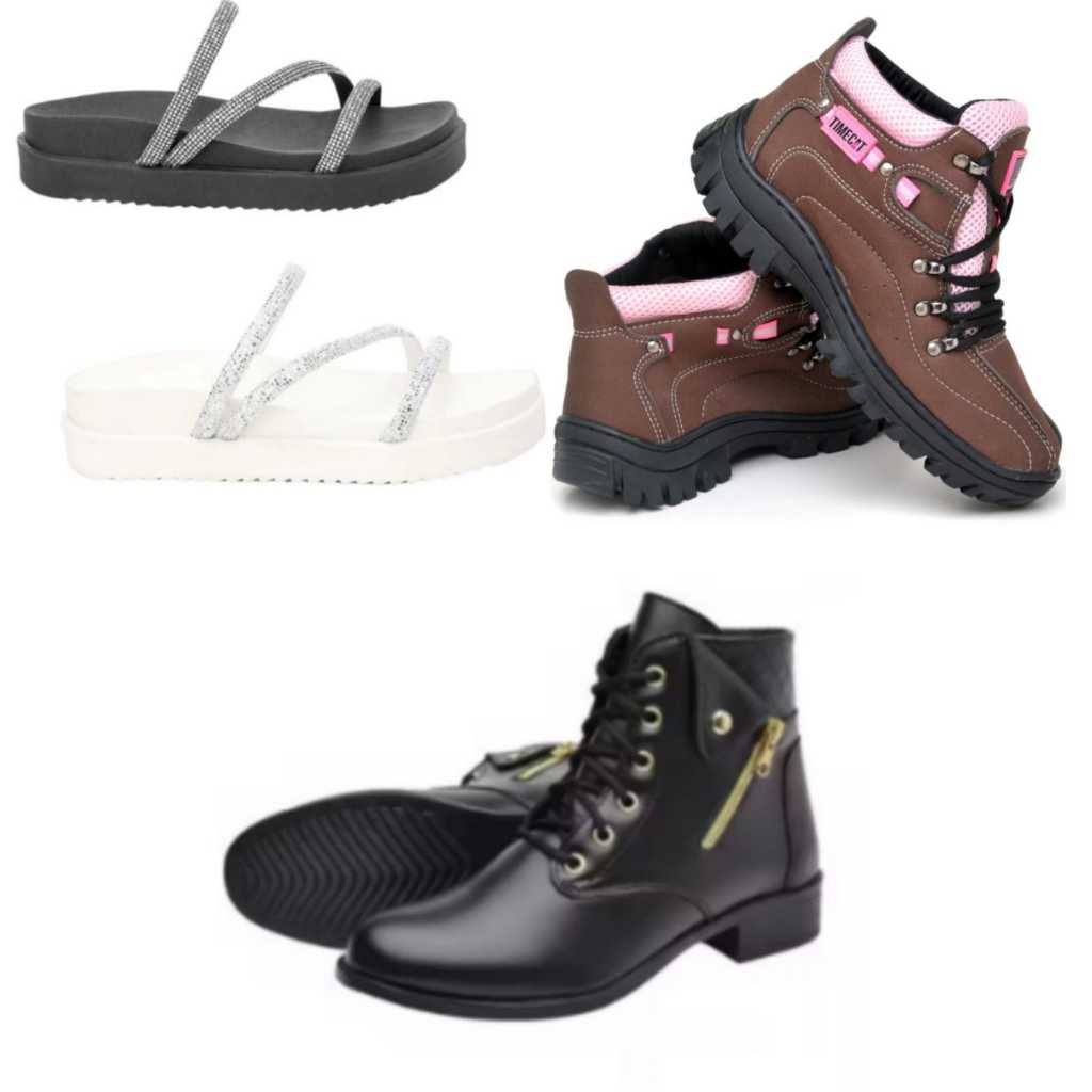 Coturno Adventure marrom com Rosa + 2 Papetes PTA/Bra + Coturno Botinha Cano Curto com zíper fake PTA