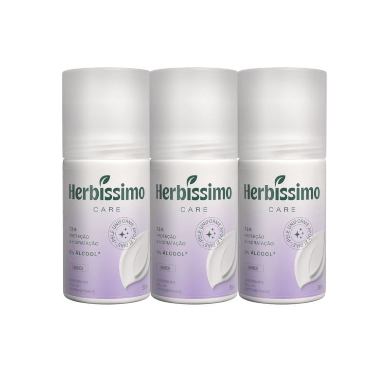 Kit Desodorante Roll-On Antitranspirante Herbíssimo Care Lavanda 50ml (3 unidades)
