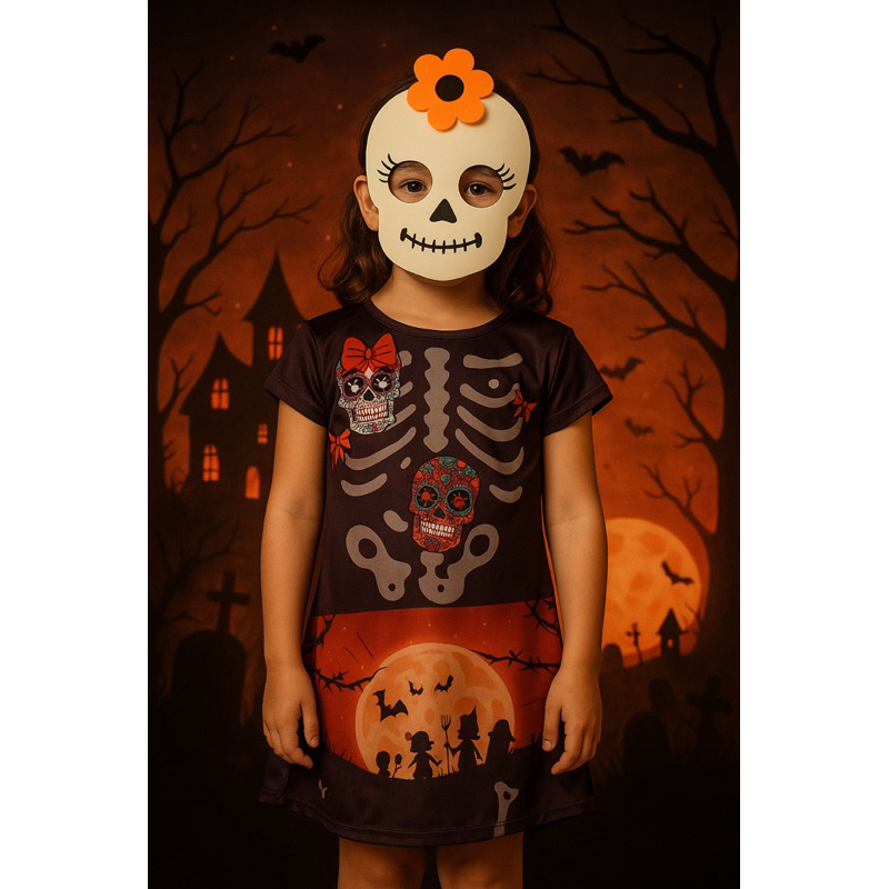 Fantasia Infantil Mexicana Halloween Vestido Menina Mascara Festa Carnaval Aniversário Cosplay P M G GG