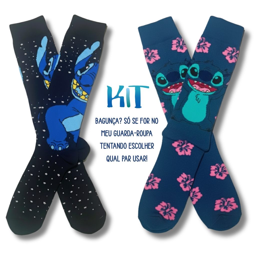 Kit 2 Pares de Meias Stitch Lilo & Stitch Disney Infantil Adulto Feminina Masculina Unissex Meia Casal