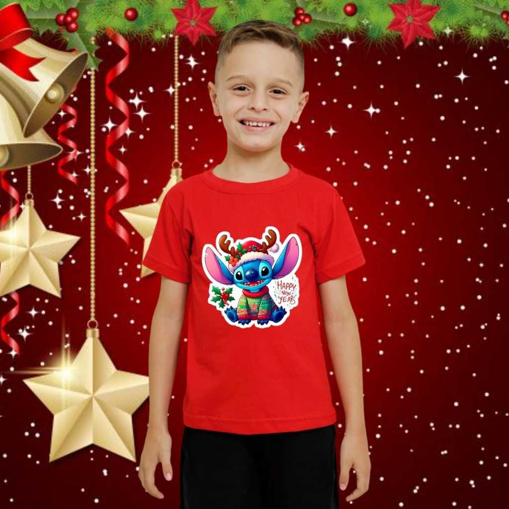 Camiseta Infantil Lilo & Stitch Natal Malha Algodão Menino