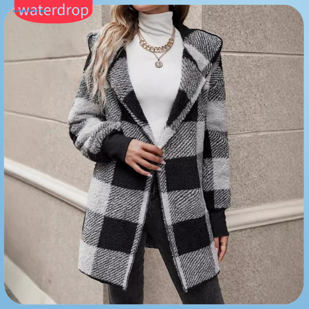Women’s Plaid Knit Sweater Coat Open Front Hooded Long Sleeve Mid-length Loose Fit Cardigan Stylish Casual Outerwear f
