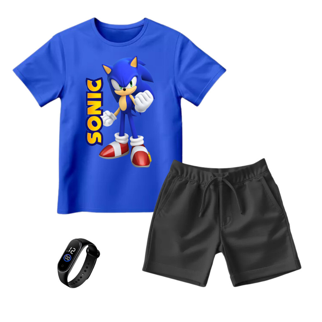 Kit Infantil Camiseta e Bermuda Desenho Animado Sonic + Brinde Conjunto Premium Verão Dia a Dia Promoção