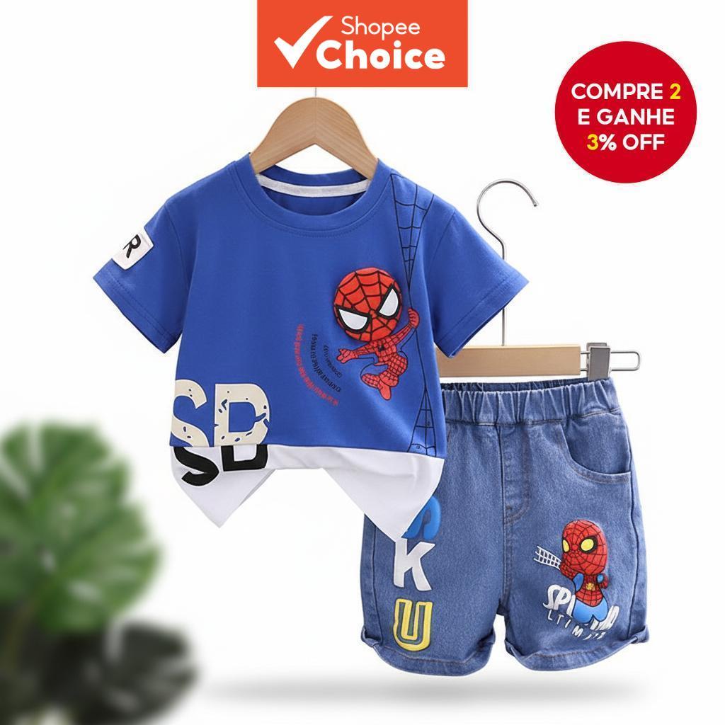 Conjunto De Roupas Infantis Para Meninos , Camiseta De Algodão Do Homem-Aranha De Desenho Animado De Verão E Shorts Jean