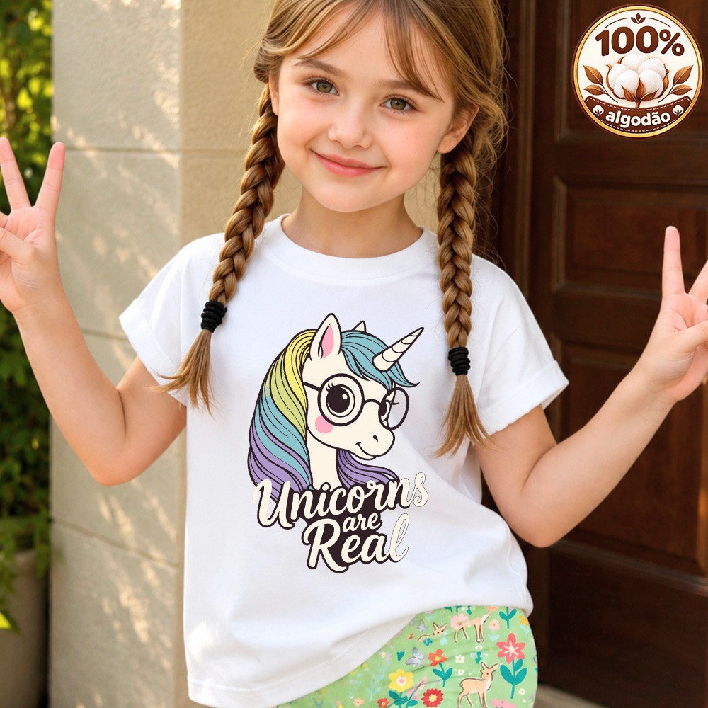 Camiseta Blusa Menina Infantil de Unicórnio Fashion Menina Gola Redonda Manga Curta 100% Algodão Estilo Pinterest