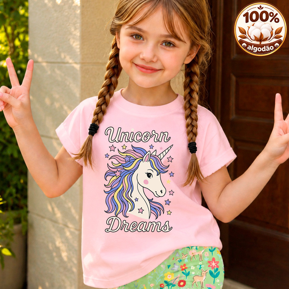 Camiseta Blusa Unicórnio Menina Infantil 100% Algodão Manga Curta Estampada Confortável em Várias Cores e Tamanhos