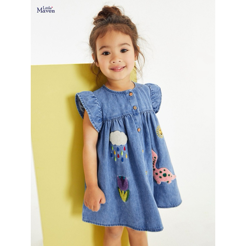 Vestido Jeans Infantil Manga Curta Feminino Desenho Animado Bordado Botao