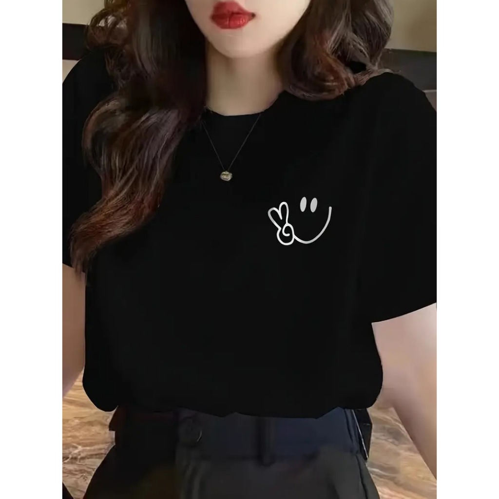 T-shirt preta com estampa de desenhos animados Y2K para mulher - Comprimento solto, manga curta, decote redondo, top cas