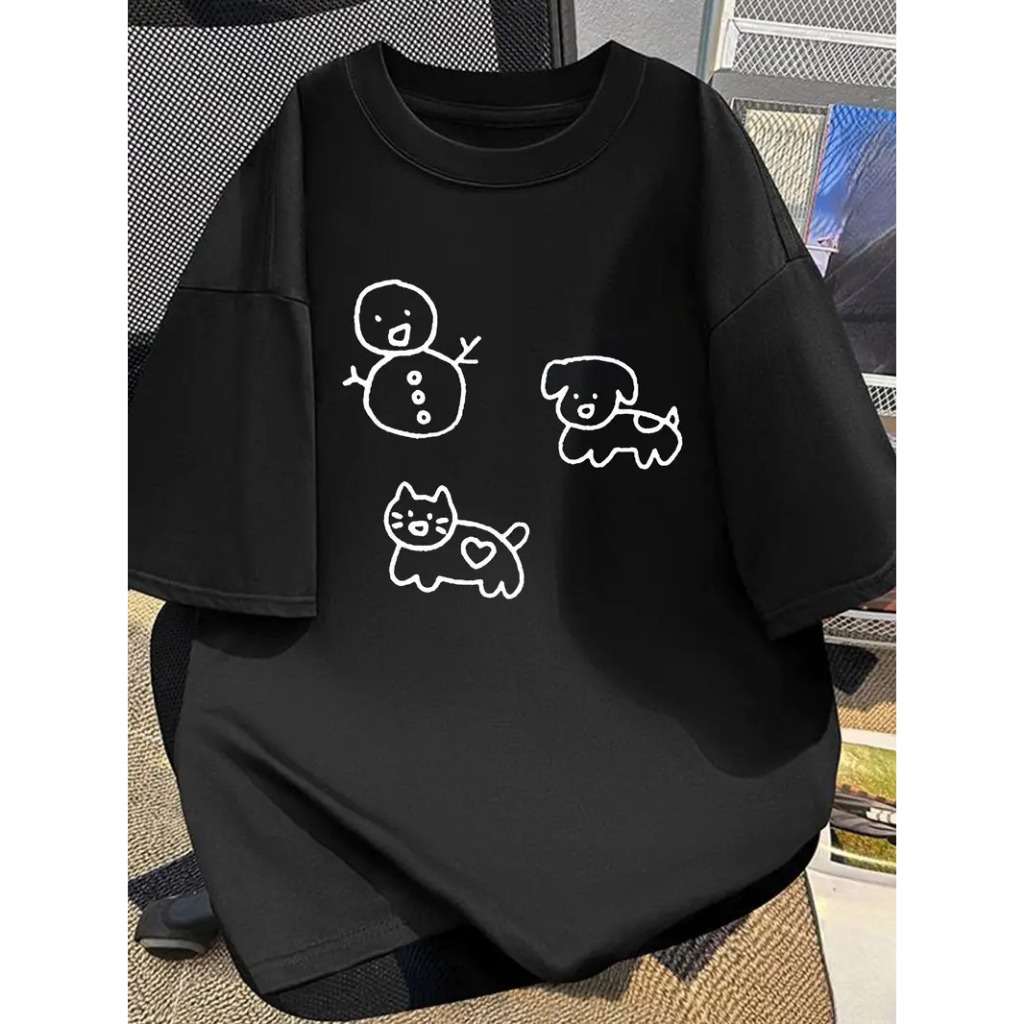 T-shirt casual de algodão para homem com estampa de desenho animado, decote redondo, manga curta, leve estiramento, top