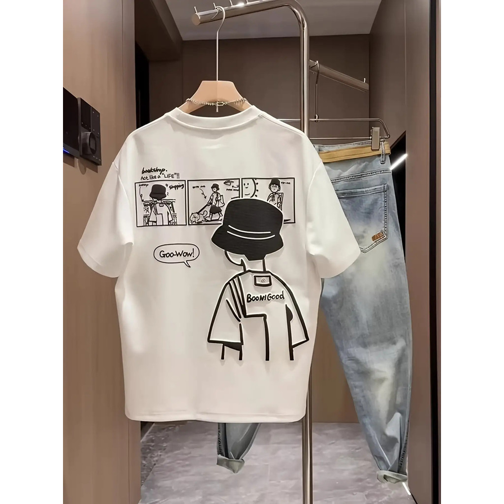 Camiseta Masculina Estilo Divertido com Estampa de Desenho Animado De Algodão, Gola Redonda, Manga Curta, Top Casual
