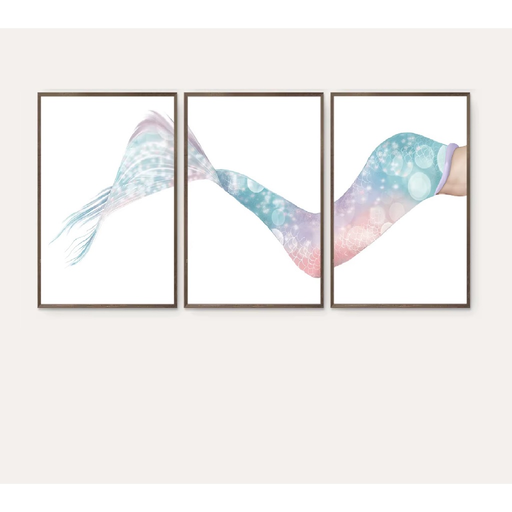 Quadros decorativos Cauda de sereia colorida mar infantil praia aquarela (3 peças)