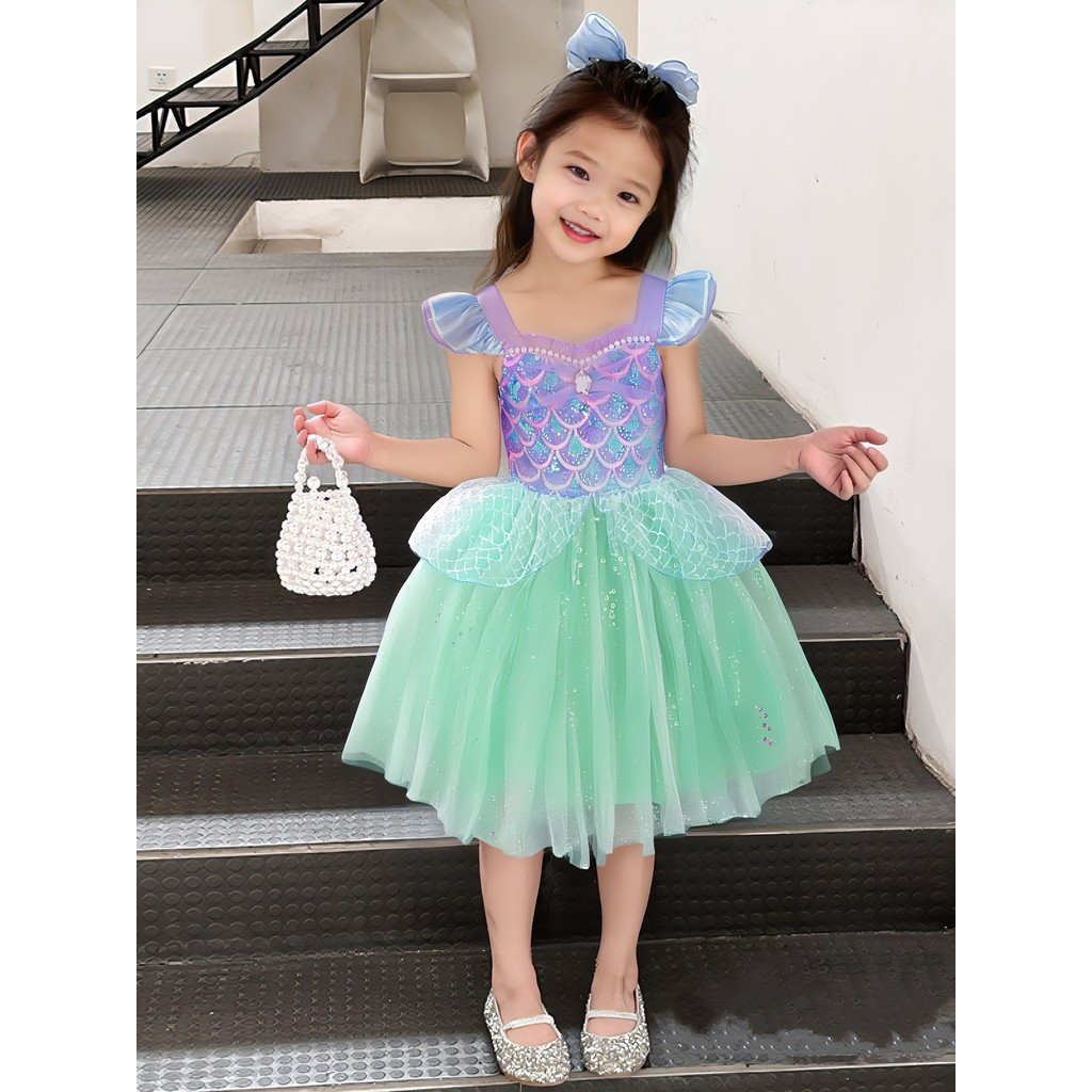 Vestido de Sereia para Meninas 2025, Moda, Manga Curta, Doce, Princesa, Verão, Casual, Roupa de Aniversário KTUQ