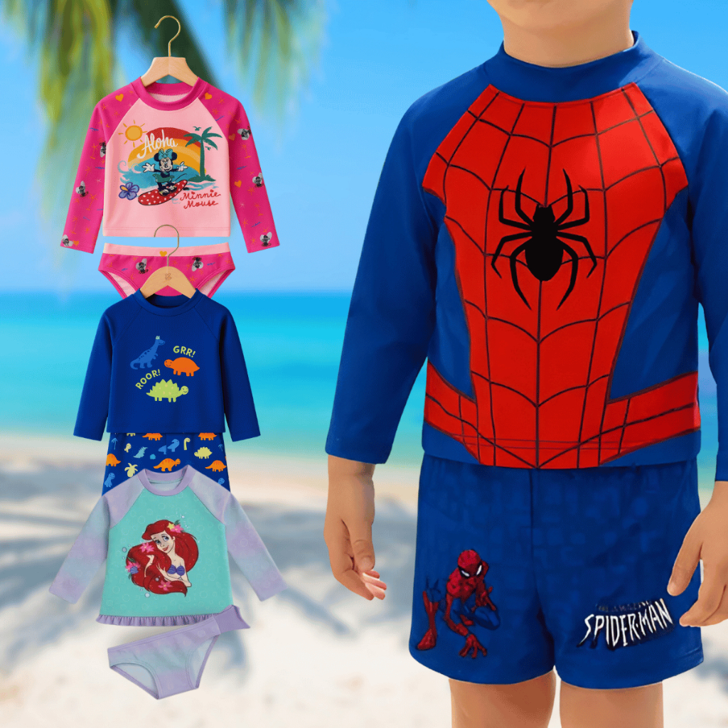 Camisa De Proteção Solar Uv50+ com Sunga Menino e Menina Térmica Homem Aranha Minnie Pequena Sereia Infantil