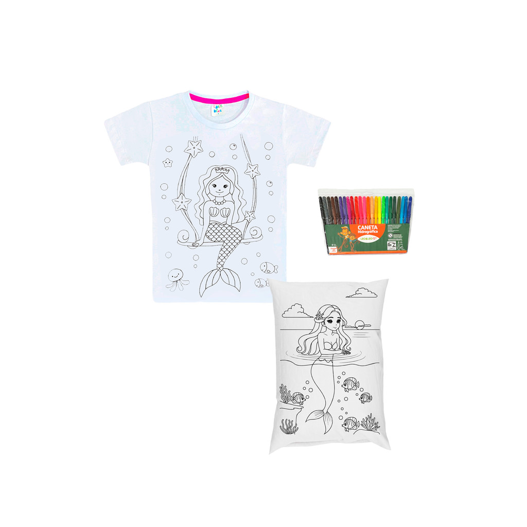 Kit Infantil para Colorir Sereia com Camiseta, Almofada e 24 Canetinhas Laváveis – Pinte e Lave