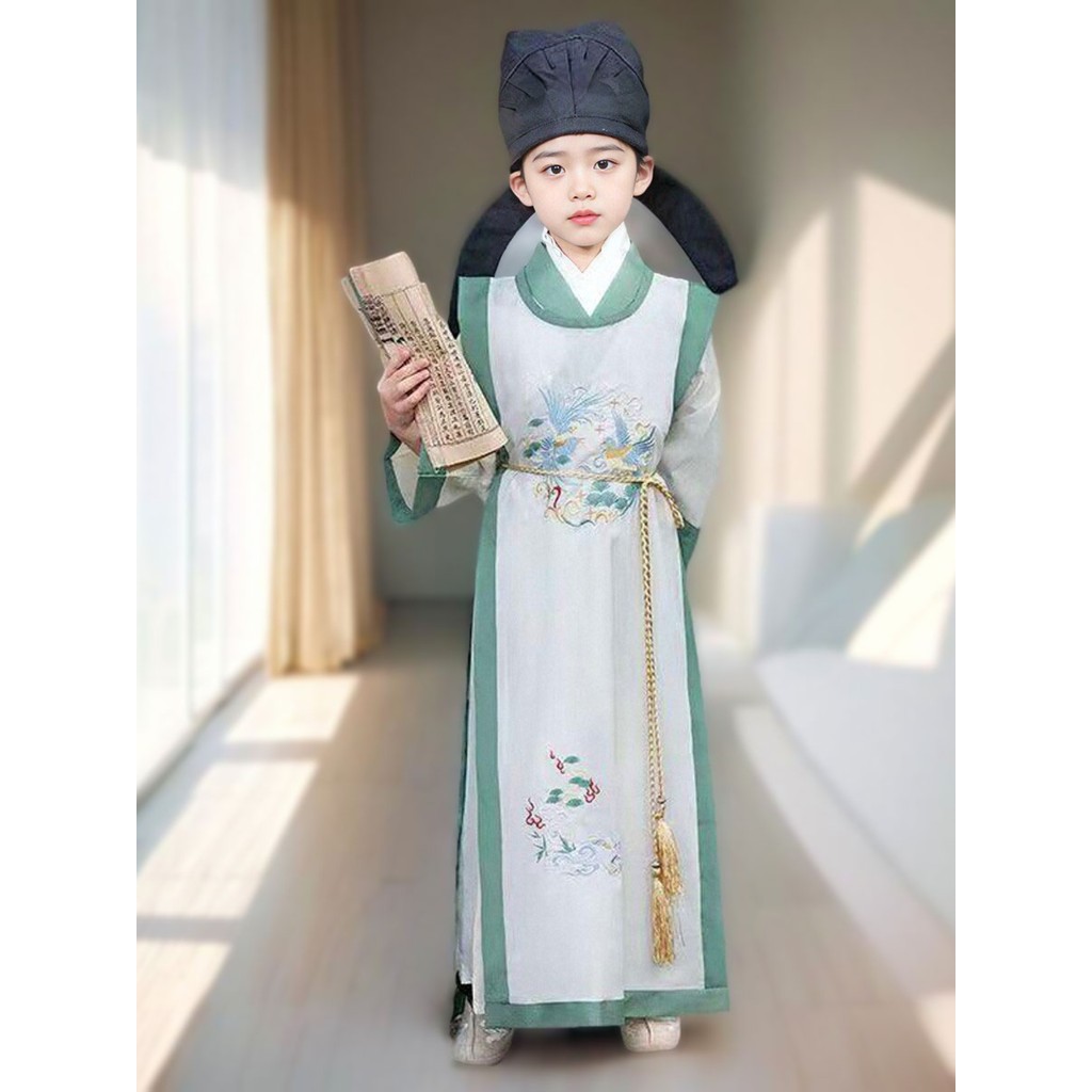 Traje infantil Hanfu meninos bonito de uma peça em torno do pescoço dinastia canção poeta Su shi livro das crianças anti