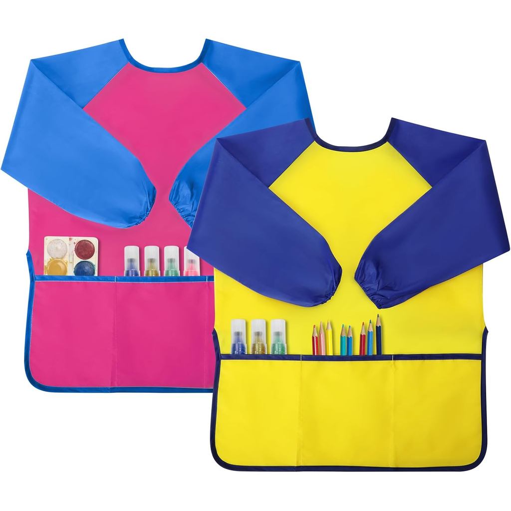 Kids Painting Apron 2 Pack, Waterproof Toddler Art Smock, Artist Smock for Kids Age 2-8 with Long Sleeve and 3 Pockets
