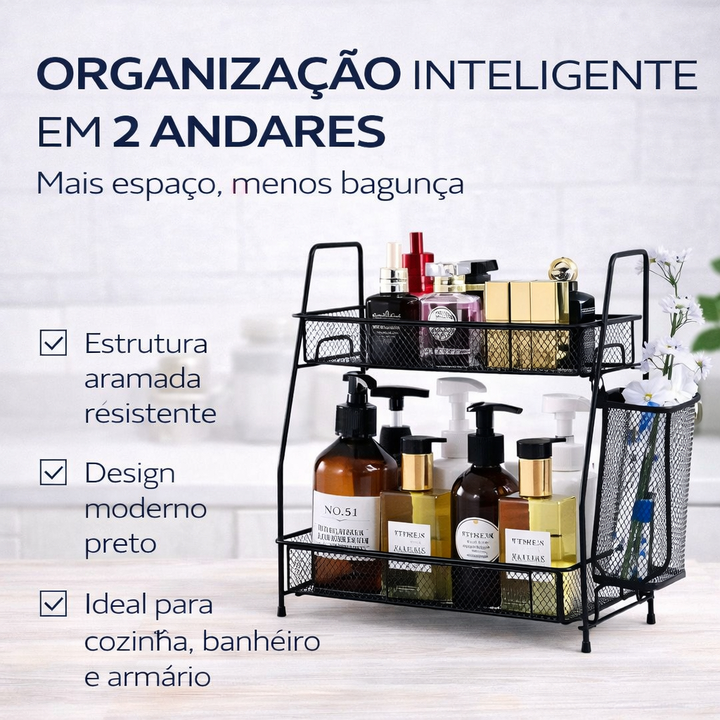 Organizador Multiuso 2 Andares Aramado Preto Prateleira Cozinha Banheiro Armário