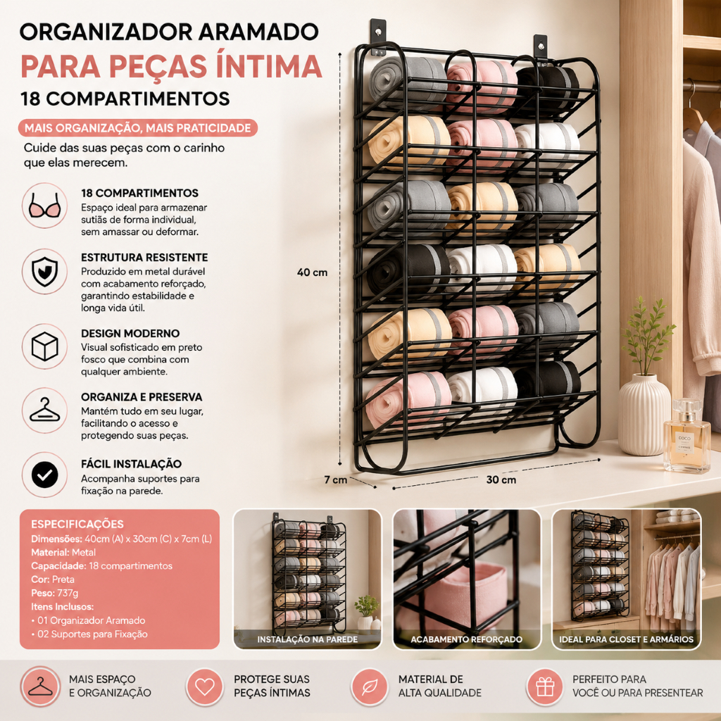 Organizador Aramado 18 Compartimentos Preto Caixa Organizadora Roupa Íntima Calcinha Sutiã
