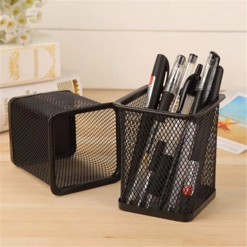 Organizador Porta Canetas Metal Preto Escrivaninha Mesa Escritório Aramado Quadrado