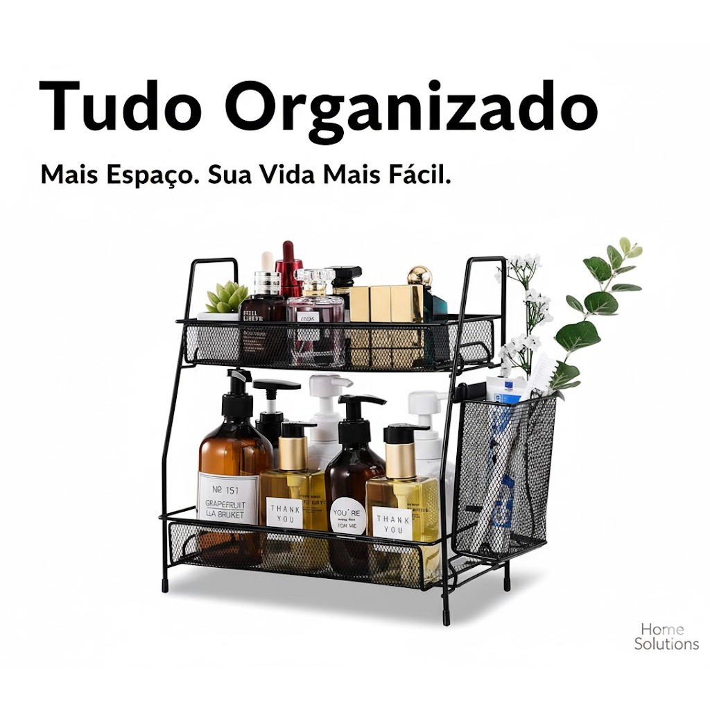 Organizador 2 Prateleiras Aramado Para Cosméticos Banheiro Cozinha Multiuso Universal Preto/Branco