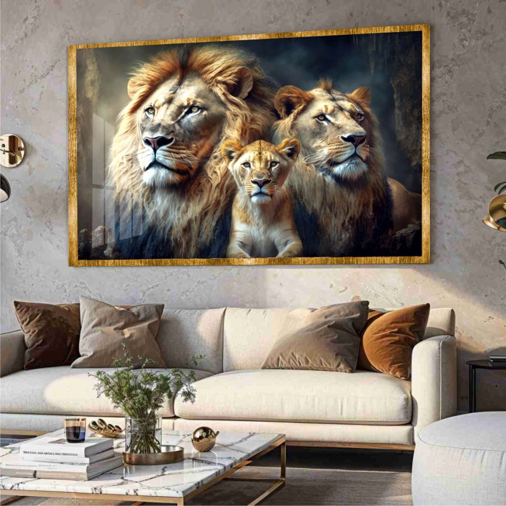 Quadro Família Leões Realista Decoração Moderna e Elegante Foco De Luz Iluminando a Tela