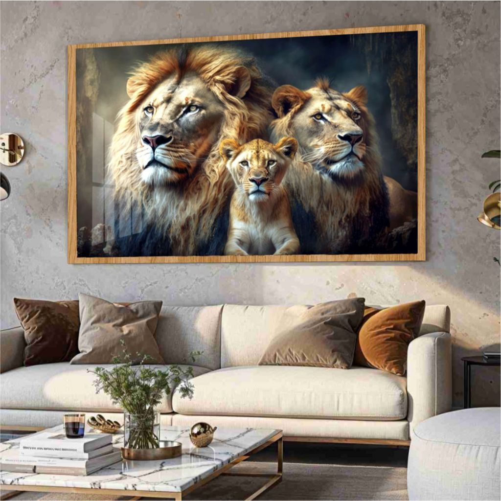 Quadro Realista Família Leões Decoração Visual Moderno e Elegante Foco De Luz Iluminando
