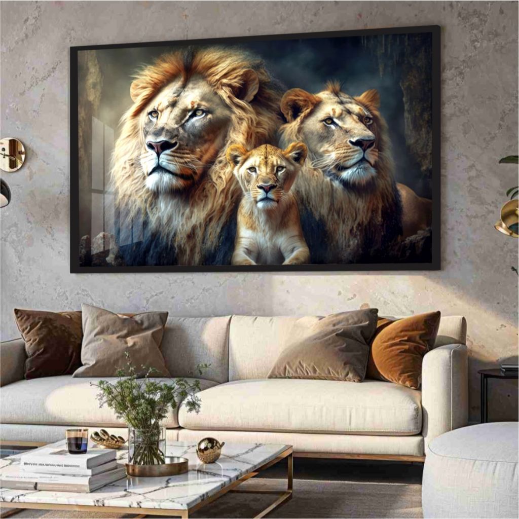 Quadro De Parede Realista Família Leões Decoração Moderna e Elegante Foco De Luz Iluminando a Tela