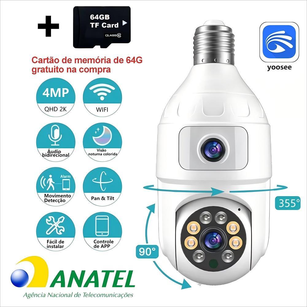 Câmera de Segurança WiFi Dupla Lente 360° Yoosee 4MP - Visão Noturna, Áudio Bidirecional, IP44,entrega de correios
