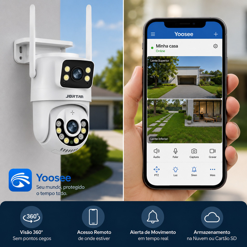 Câmera Segurança WiFi Dupla Lente 4MP PTZ Visão Noturna App Yoosee Externa Full HD