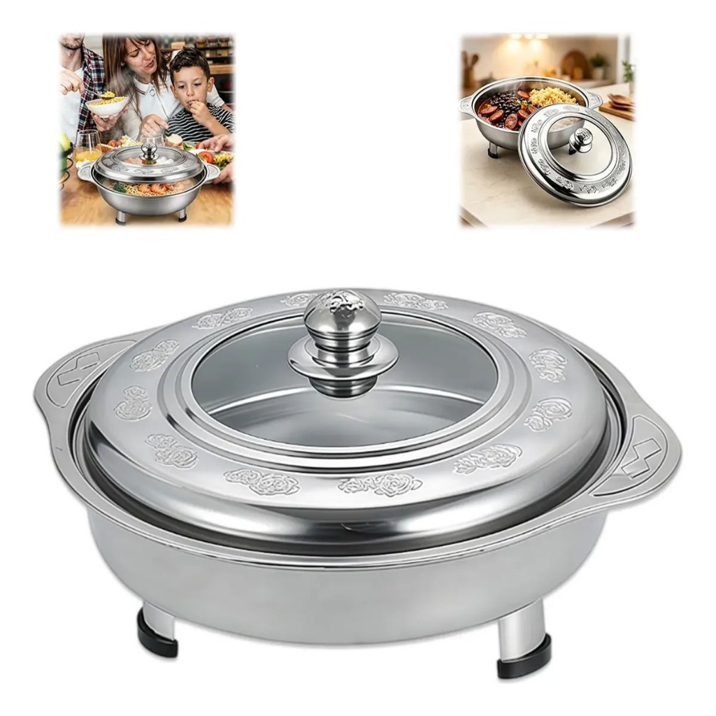 Rechaud Redondo Inox Leve com Tampa de Vidro e Pés Removíveis, Travessa Térmica para Buffet, Restaurante, Festa