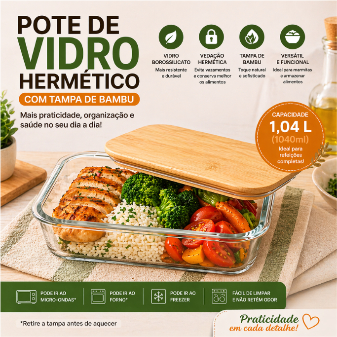 Pote Travessa Vidro Resistente Marmita Hermética 1,04L Tampa Bambu Vedação Cozinha Guardar Alimentos Comida