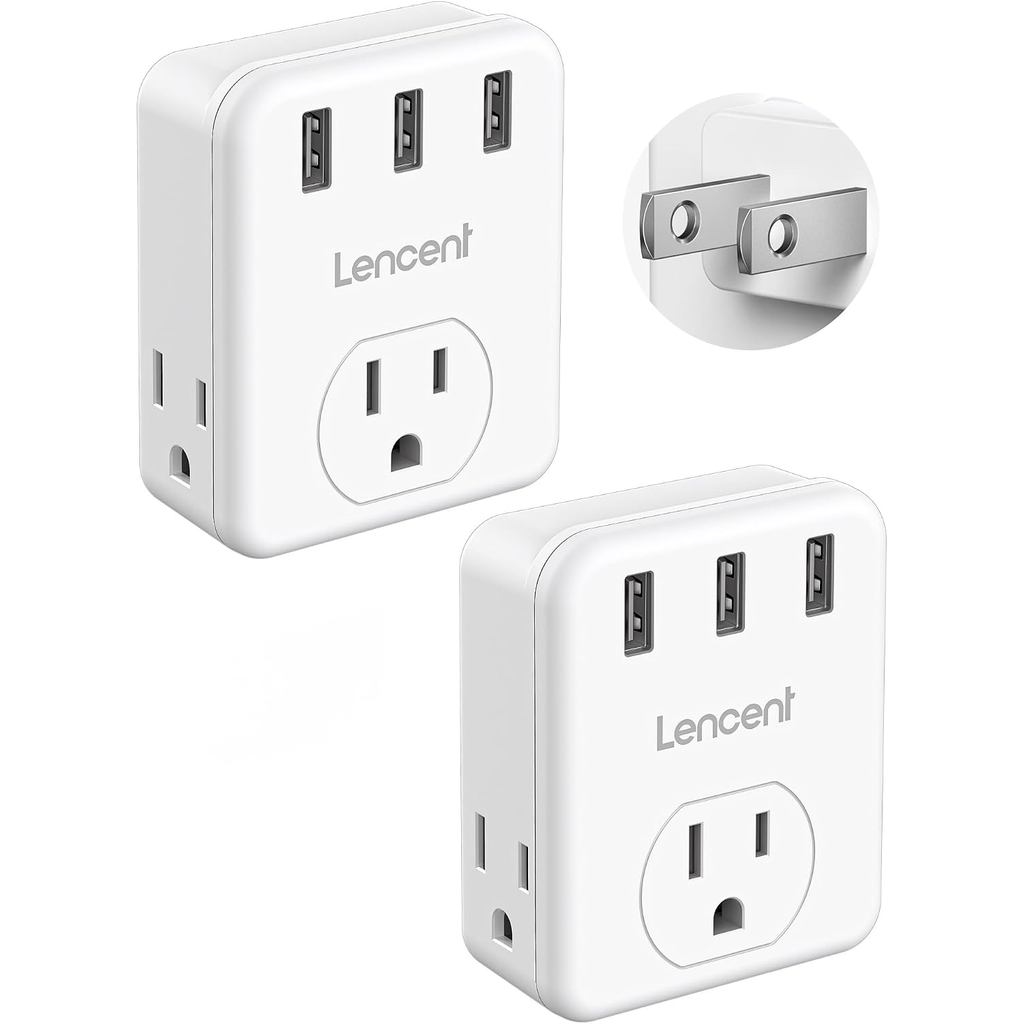 LENCENT 3 Prong to 2 Prong Adapter, 2 Pack, 3 Outlets Extender with 3 USB Ports, Wall Charger, Multi Plug Extender Split