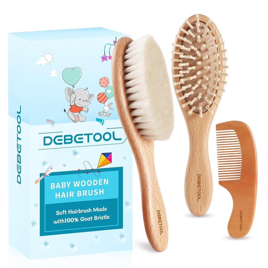 DEBETOOL Baby Hair Brush and Comb Set for Newborns & Toddlers - Wooden Baby Brush Set With Soft Goat Bristle and Toddler