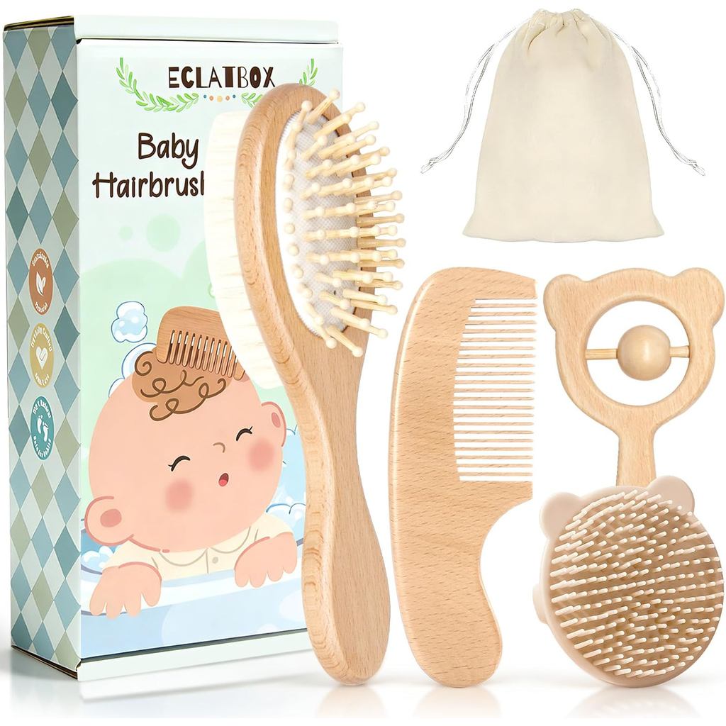 Baby Hair Bush and Comb Set, 5 Pack Wooden Baby Brush with Soft Goat Bristle for Newborns and Toddlers, Perfect for Crad