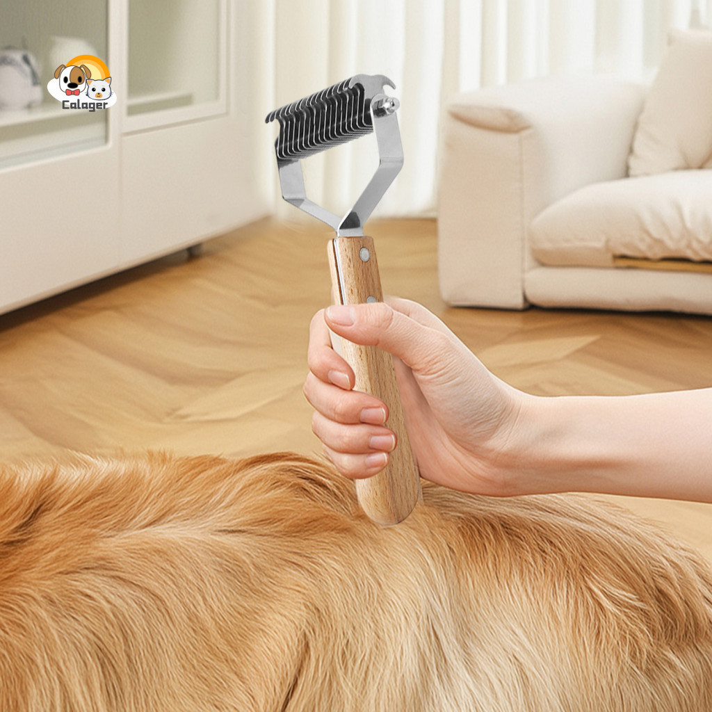 Dog Grooming Rake Stainless Steel Pet Comb Double Detangling with Wooden Handle – Dematting Tool for Medium Long Hair
