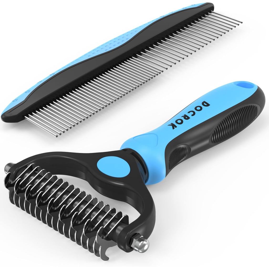 Docrok Pet Grooming Combo - Blue Deshedding Brush with Metal Comb for Detangling and Dematting Long, Matted Fur on Cats