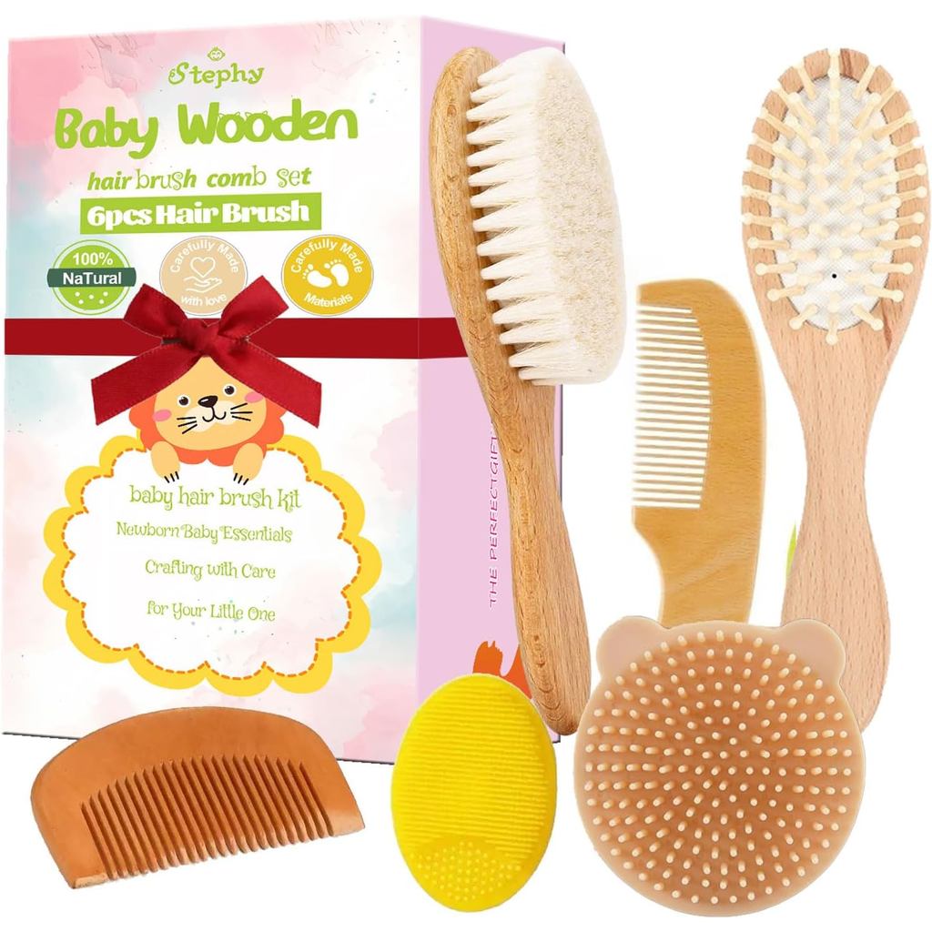 6 Piece Baby Hair Brush & Comb Set, Natural Bamboo & Goat Bristle for Cradle Cap Care, Newborn to Toddler Grooming Kit w