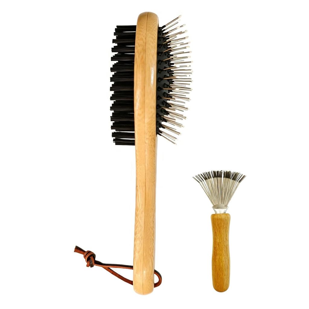 Double Sided Pet Slicker Brush with Bamboo Handle for Dogs and Cats, Grooming Comb for Shedding, Tangles, and Dead Under