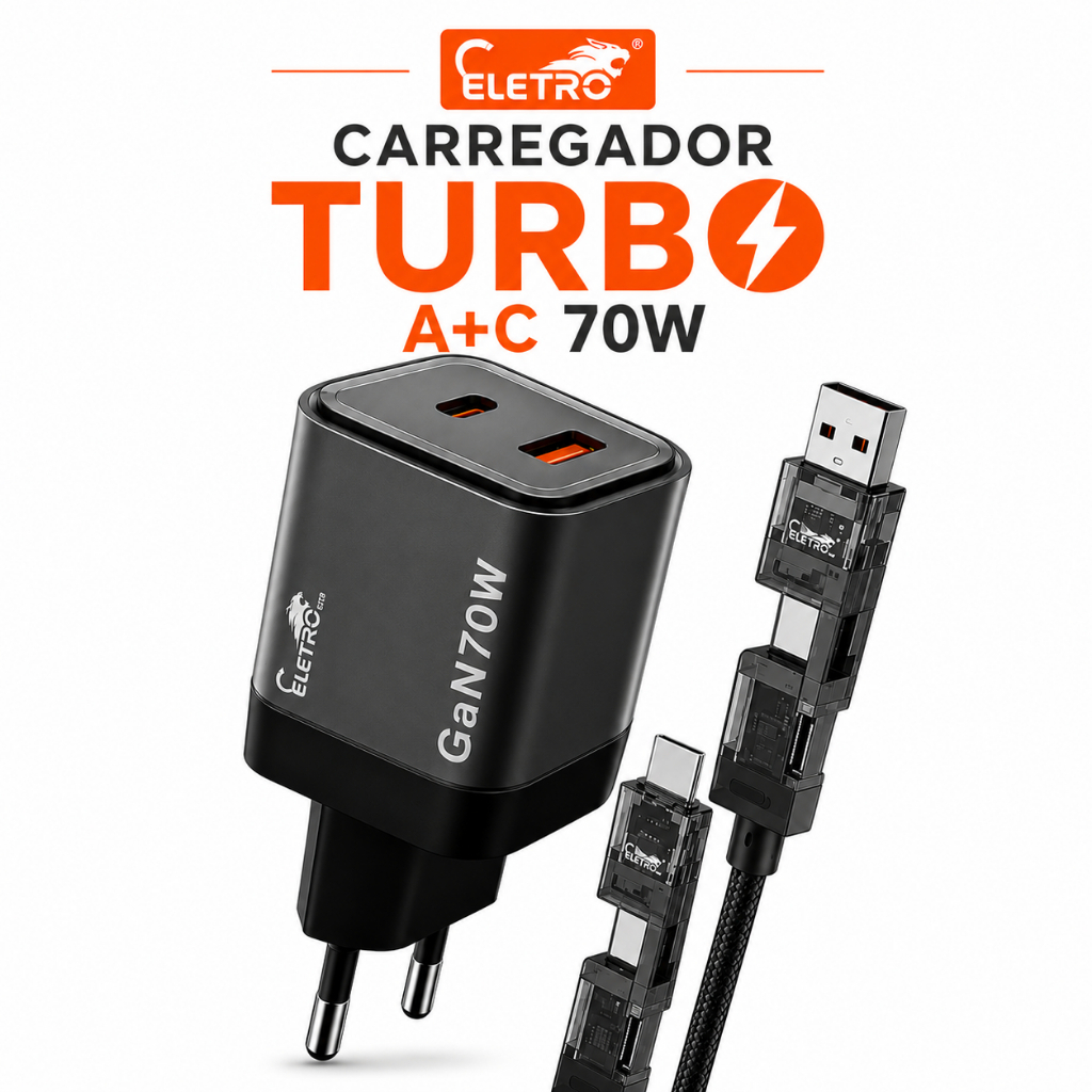 Carregador Eletro GaN 70W USB-C USB-A + Cabo 4 em 1