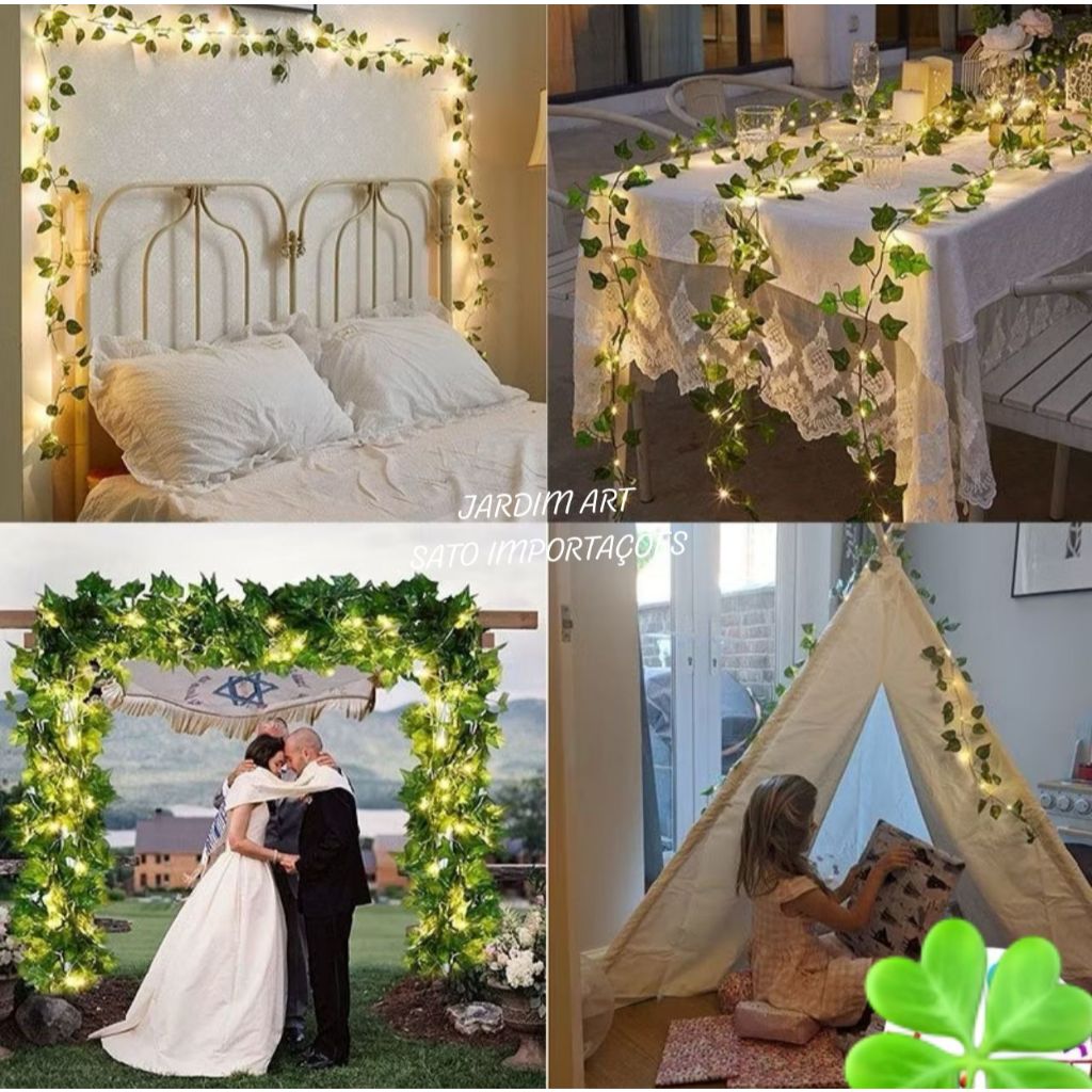 Fio de Luz com Folhagem Artificial – Decore Espelhos, Festas e Ambientes verde caida