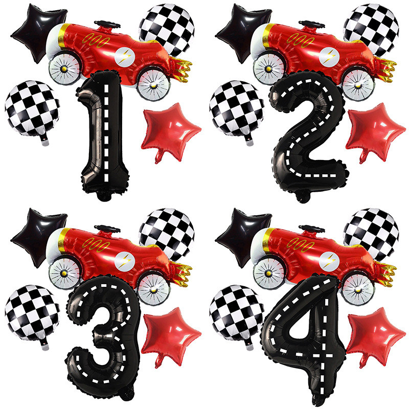 6 Pçs/set Carro De Corrida 40 Polegada Preto E Branco Listrado Número Balões Aniversário Das Crianças Tema Festa Decoraç
