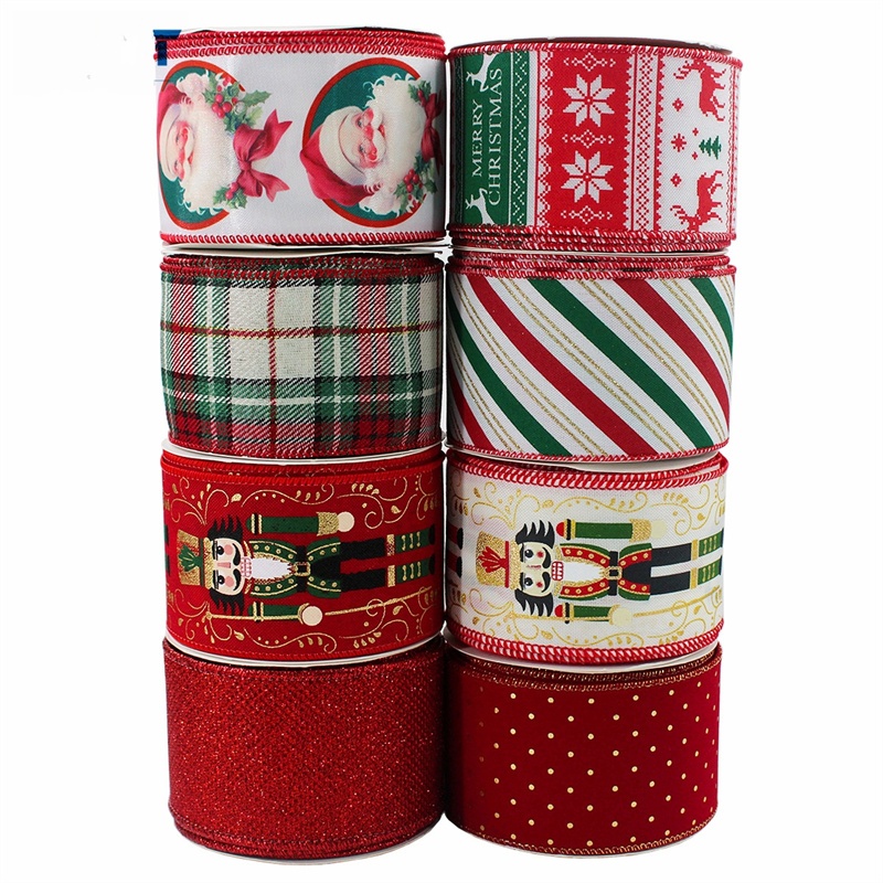 Fita De Natal Com Borda Fio De 2.5 Polegadas Quebra-Nozes Papai Noel Estampa Arco Vermelho Verde Xadrez Listrado Linho F