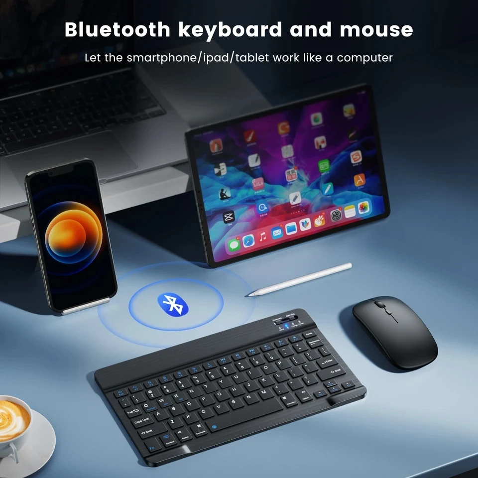 Teclado e mouse sem fio, ultrafinos  recarregáveis, compatíveis com Android, Windows, iPhone e iPad