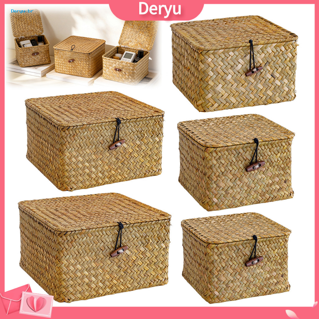 Dustproof Woven Storage Containers Baskets with Lids Handwoven Seagrass Box Flip Cover – Rustic Organizer Space-saving