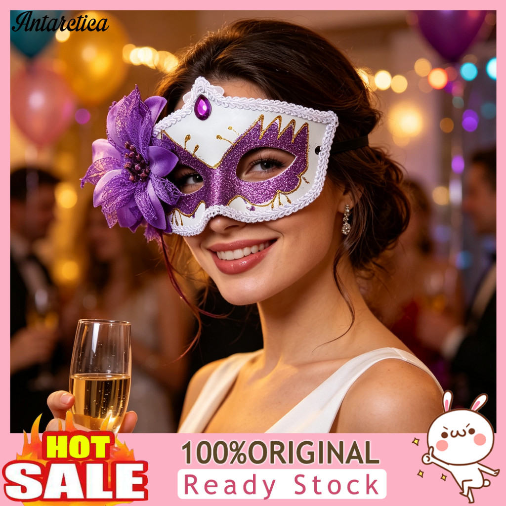 Halloween Party Masque Photogenic Masquerade Glitter Venetian Half Face for Women with Side Flower Feather – Elegant M