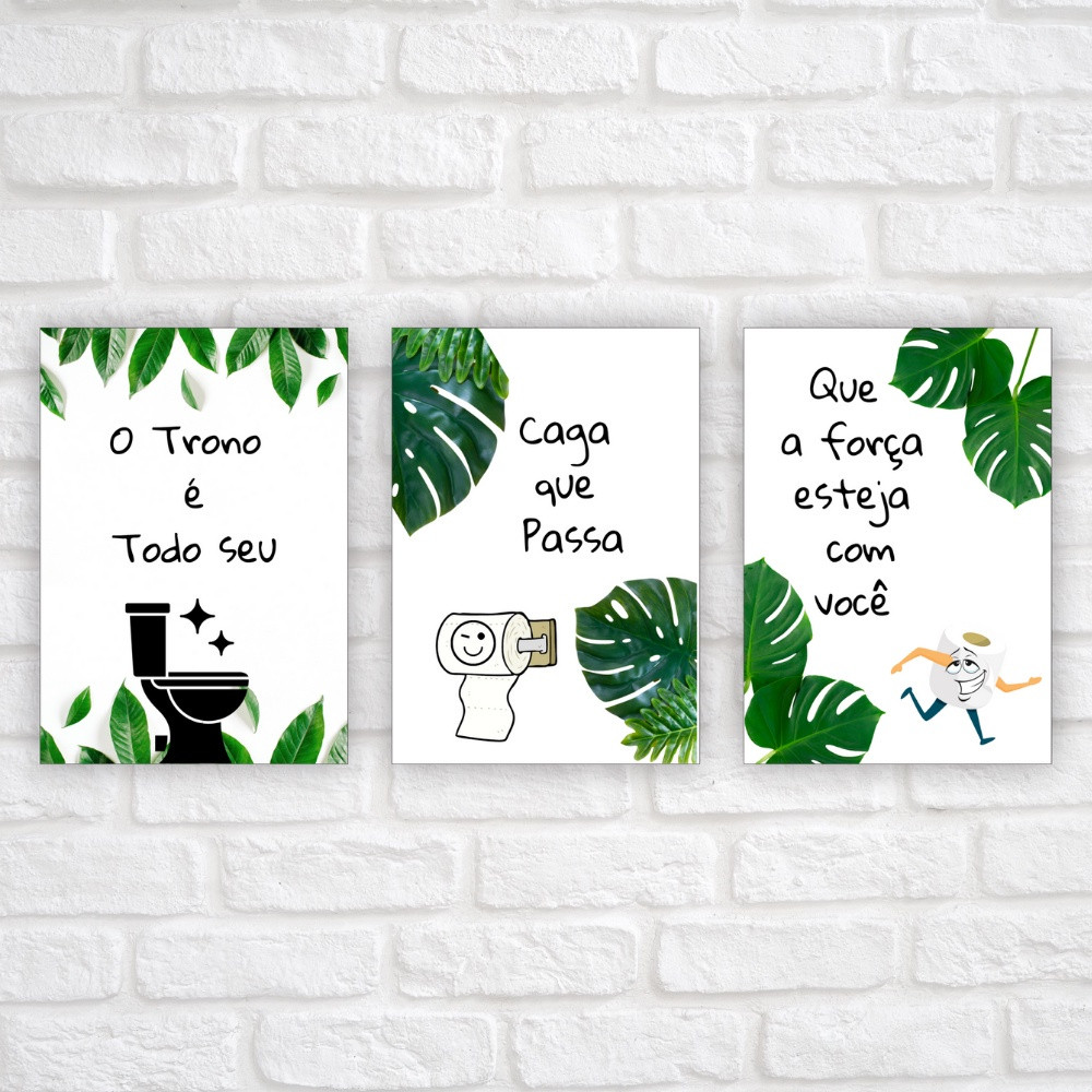 Kit Quadros Decorativos Mosaico 3 Peças Trio Frase O Trono é Todo Seu Anedota Piada Banheiro Bar Restaurante Minimalista