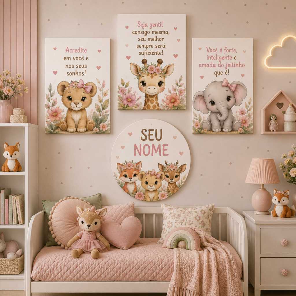 Kit Quadros Decorativos 4 Peças Menina Quarto Infantil Seu Nome Minimalista